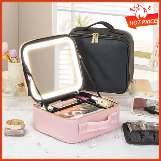 3 Color Train Case Mirror, White Portable Makeup Case Waterproof Organizer with Adjustable Dividers, Cosmetics Storage Case Gift